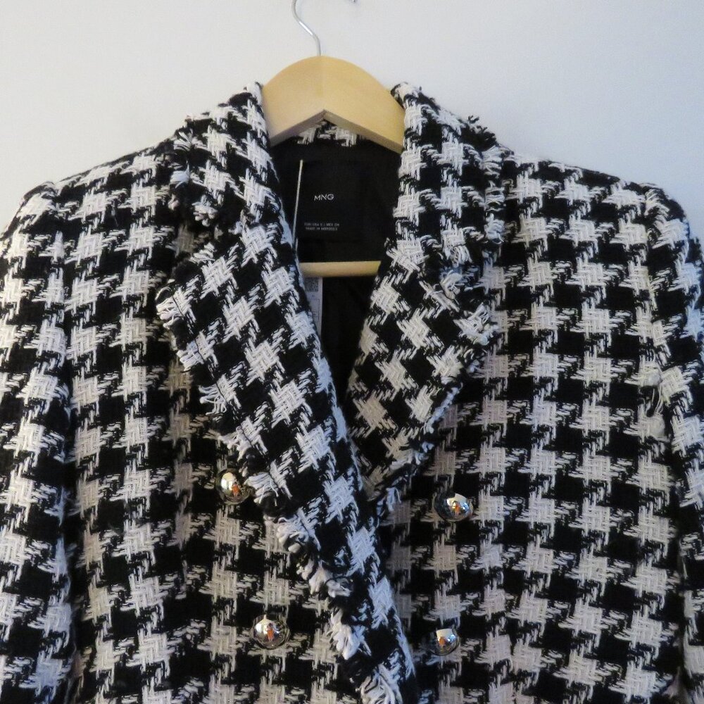 MANGO Houndstooth Wool Blend Frayed Hem Blazer Academia Black White - Size S NWT - Picture 4 of 14